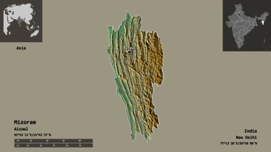 Mizoram 'ın şekli, Hindistan eyaleti ve başkenti. Uzaklık ölçeği, ön gösterimler ve etiketler. Topografik yardım haritası. 3B görüntüleme