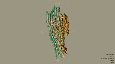 Mizoram bölgesi, Hindistan eyaleti, katı bir arka planda izole edilmiş bir sınır kutusunda. Etiketler. Topografik yardım haritası. 3B görüntüleme