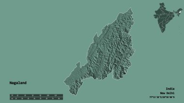 Hindistan 'ın Nagaland eyaleti, başkenti katı bir zemin üzerinde izole edilmiştir. Uzaklık ölçeği, bölge önizlemesi ve etiketleri. Renkli yükseklik haritası. 3B görüntüleme