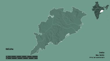 Hindistan 'ın Odisha eyaleti, başkenti katı bir zemin üzerinde izole edilmiştir. Uzaklık ölçeği, bölge önizlemesi ve etiketleri. Renkli yükseklik haritası. 3B görüntüleme