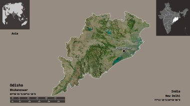 Odisha 'nın şekli, Hindistan eyaleti ve başkenti. Uzaklık ölçeği, ön gösterimler ve etiketler. Uydu görüntüleri. 3B görüntüleme