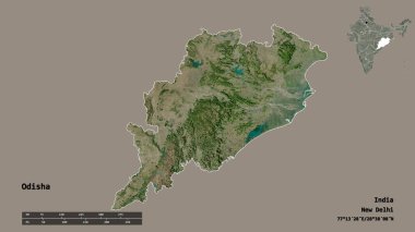 Hindistan 'ın Odisha eyaleti, başkenti katı bir zemin üzerinde izole edilmiştir. Uzaklık ölçeği, bölge önizlemesi ve etiketleri. Uydu görüntüleri. 3B görüntüleme