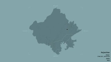 Rajasthan bölgesi, Hindistan eyaleti, katı bir arka planda izole edilmiş bir sınır kutusunda. Etiketler. Renkli yükseklik haritası. 3B görüntüleme
