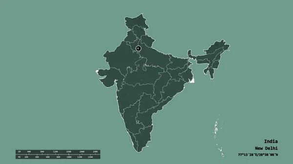 Desaturated Shape India Its Capital Main Regional Division Separated National — Stock Photo, Image