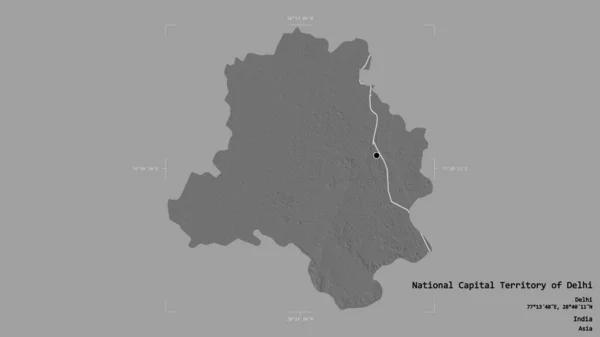 デリー首都圏 インドの連合領土の地域は 洗練された境界ボックスにしっかりとした背景に隔離されています ラベル 標高マップ 3Dレンダリング — ストック写真