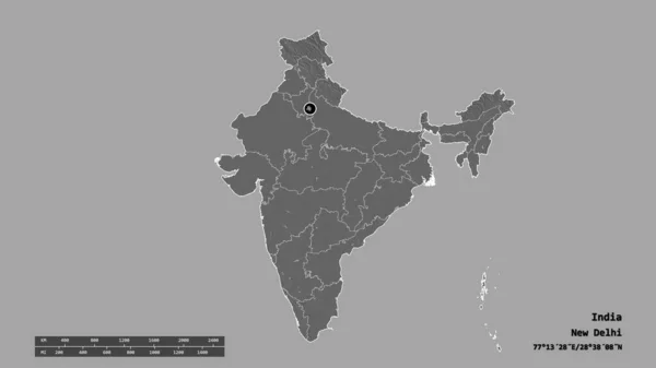 Desaturated Σχήμα Της Ινδίας Πρωτεύουσα Κύρια Περιφερειακή Διαίρεση Και Διαχωρισμένο — Φωτογραφία Αρχείου