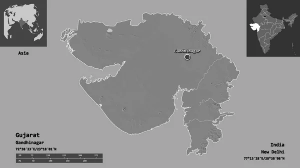 Gujarats Form Delstaten Indien Och Dess Huvudstad Avståndsskala Förhandsvisningar Och — Stockfoto