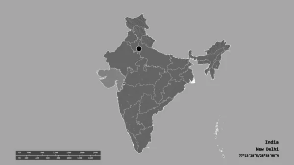 Forma Dessaturada Índia Com Sua Capital Principal Divisão Regional Área — Fotografia de Stock