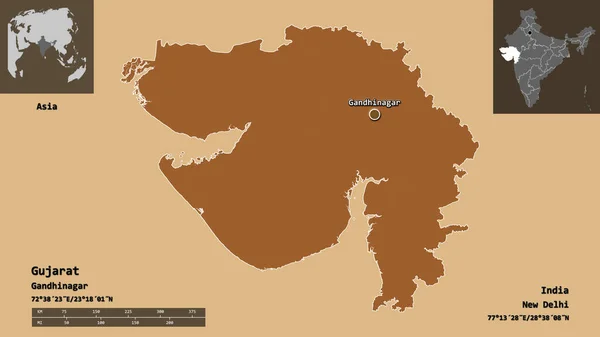 Forma Gujarat Estado Índia Sua Capital Escala Distância Previews Rótulos — Fotografia de Stock