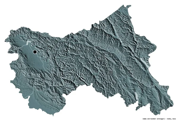 インドの首都であるジャム カシミール州の形は 白い背景に孤立しています 色の標高マップ 3Dレンダリング — ストック写真