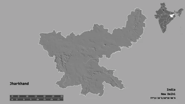 恰尔肯德的形状 印度的邦 它的首都孤立在坚实的背景下 距离尺度 区域预览和标签 Bilevel高程图 3D渲染 — 图库照片
