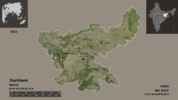 Shape Jharkhand State India Its Capital Distance Scale Previews Labels — Stock Photo, Image