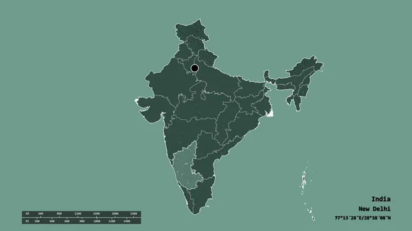Обесцвеченная Форма Индии Своей Столицей Главным Региональным Разделением Отделенным Районом — стоковое фото