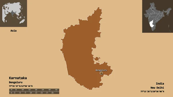 卡纳塔克邦的形状 印度的邦 及其首都 距离刻度 预览和标签 图形纹理的组成 3D渲染 — 图库照片