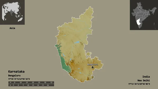 Forma Karnataka Estado Índia Sua Capital Escala Distância Previews Rótulos — Fotografia de Stock