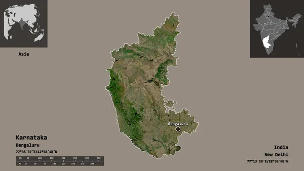 卡纳塔克邦的形状 印度的邦 及其首都 距离刻度 预览和标签 卫星图像 3D渲染 — 图库照片