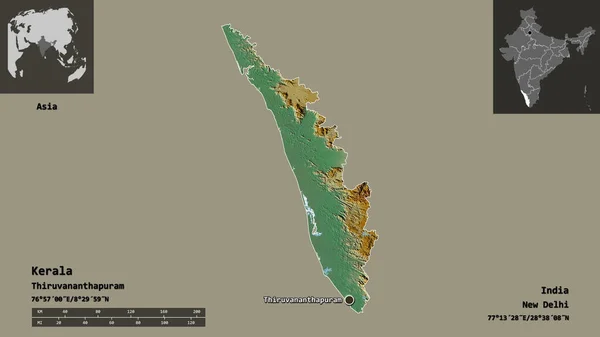 ケララ州 インドの州 およびその首都の形 距離スケール プレビューおよびラベル 地形図 3Dレンダリング — ストック写真