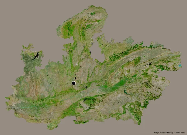 中央邦的形状 印度的邦 它的首都孤立在一个坚实的色彩背景 卫星图像 3D渲染 — 图库照片