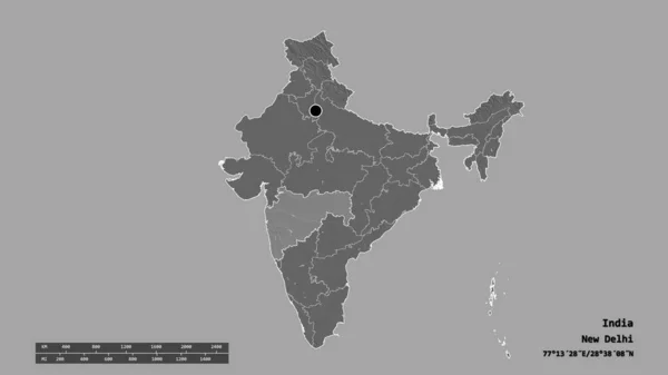 Desaturated Shape India Its Capital Main Regional Division Separated Maharashtra — Stock Photo, Image