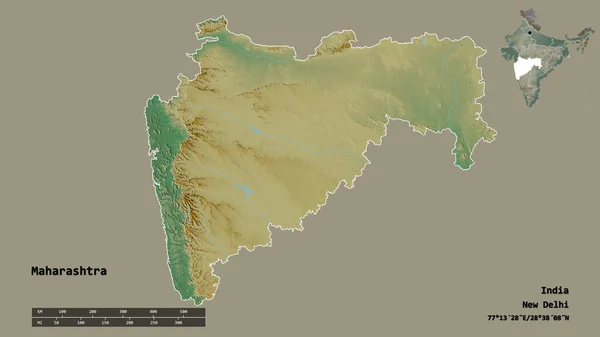 印度马哈拉施特拉邦的形状 其首都在坚实的背景下与世隔绝 距离尺度 区域预览和标签 地形浮雕图 3D渲染 — 图库照片