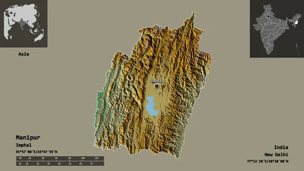 Forma Manipur Estado India Capital Escala Distancia Vistas Previas Etiquetas — Foto de Stock