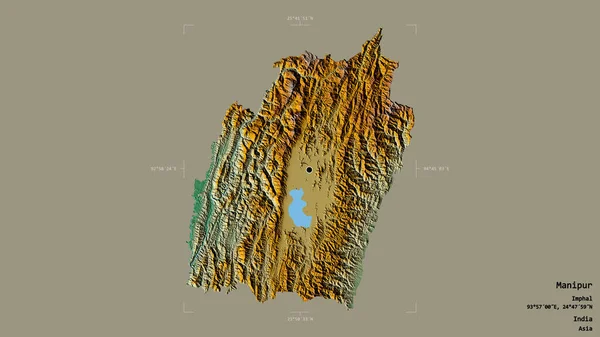 インドの状態であるマニプールの地域は 洗練された境界の箱の中の強固な背景に隔離されています ラベル 地形図 3Dレンダリング — ストック写真