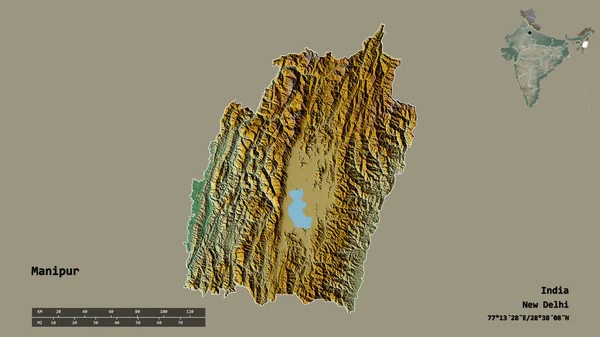 インドのマニプール州の形で その首都はしっかりとした背景に隔離されています 距離スケール リージョンプレビュー およびラベル 地形図 3Dレンダリング — ストック写真