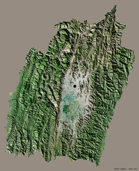 曼尼普尔的形状 印度的邦 它的首都孤立在一个坚实的色彩背景 卫星图像 3D渲染 — 图库照片