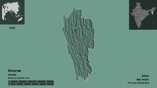 米佐拉姆的形状 印度的邦 和它的首都 距离刻度 预览和标签 彩色高程图 3D渲染 — 图库照片