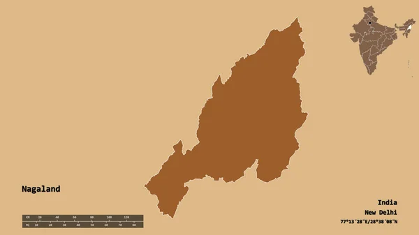 インドの首都であるナガランドの形は しっかりとした背景に隔離されています 距離スケール リージョンプレビュー およびラベル パターン化されたテクスチャの構成 3Dレンダリング — ストック写真