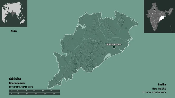 奥迪沙的形状 印度的邦 和它的首都 距离刻度 预览和标签 彩色高程图 3D渲染 — 图库照片