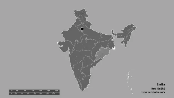 Desaturerad Form Indien Med Dess Huvudstad Huvudsakliga Regionala Uppdelning Och — Stockfoto