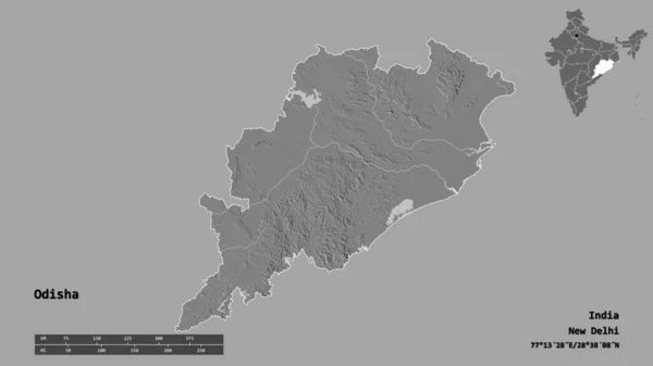 インドの州であるOdishaの形は その資本がしっかりとした背景に隔離されています 距離スケール リージョンプレビュー およびラベル 標高マップ 3Dレンダリング — ストック写真