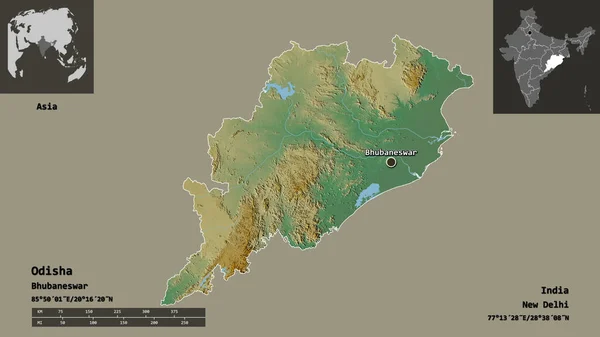 インドの州であるOdishaとその首都の形 距離スケール プレビューおよびラベル 地形図 3Dレンダリング — ストック写真