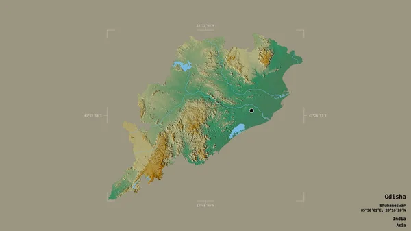 インドの州であるオディシャの地域は 洗練された境界の箱の中の強固な背景に隔離されています ラベル 地形図 3Dレンダリング — ストック写真