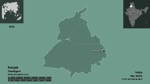 旁遮普邦的形状 印度的邦 及其首都 距离刻度 预览和标签 彩色高程图 3D渲染 — 图库照片
