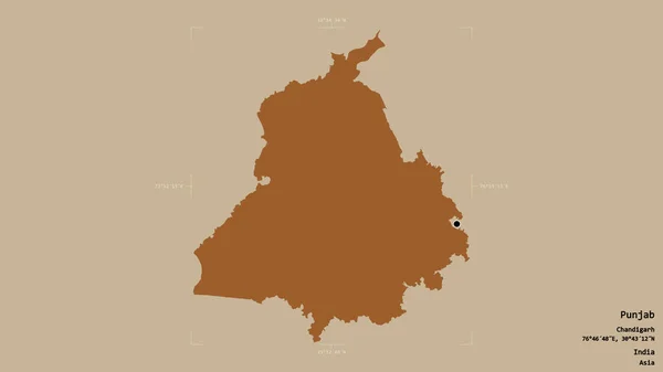 Area of Punjab, state of India, isolated on a solid background in a georeferenced bounding box. Labels. Composition of patterned textures. 3D rendering