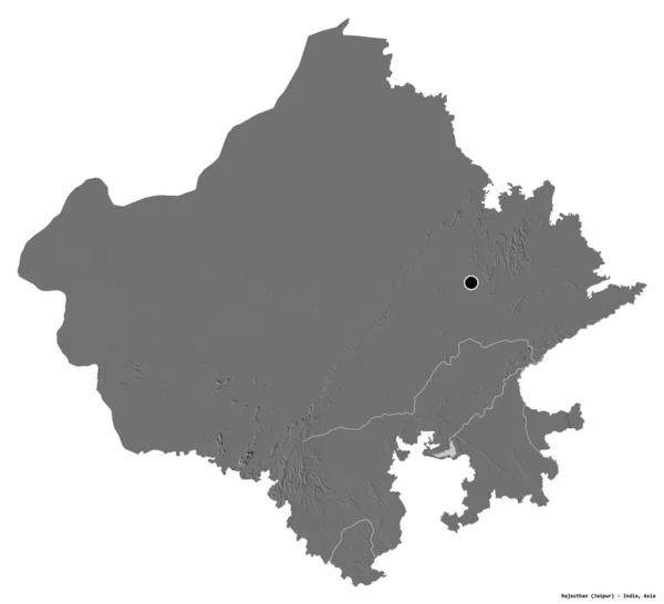 拉贾斯坦邦的形状 其首都被白色背景隔离 Bilevel高程图 3D渲染 — 图库照片