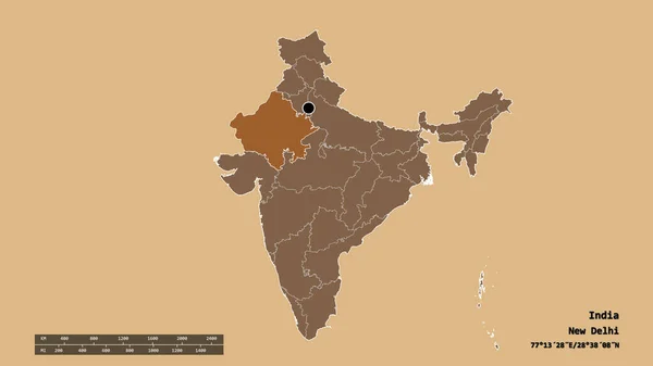 Zdesperowany Kształt Indii Stolicą Głównym Oddziałem Regionalnym Oddzielonym Obszarem Rajasthan — Zdjęcie stockowe