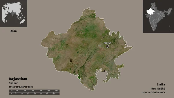 拉贾斯坦邦的形状 印度的邦 及其首都 距离刻度 预览和标签 卫星图像 3D渲染 — 图库照片
