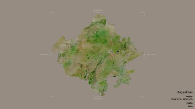 Rajasthan bölgesi, Hindistan eyaleti, katı bir arka planda izole edilmiş bir sınır kutusunda. Etiketler. Uydu görüntüleri. 3B görüntüleme