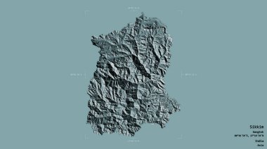 Sikkim bölgesi, Hindistan eyaleti, jeoreferatlı bir sınır kutusunda sağlam bir arka planda izole edilmiş. Etiketler. Renkli yükseklik haritası. 3B görüntüleme