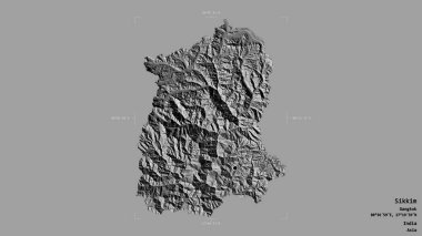 Sikkim bölgesi, Hindistan eyaleti, jeoreferatlı bir sınır kutusunda sağlam bir arka planda izole edilmiş. Etiketler. Çift seviyeli yükseklik haritası. 3B görüntüleme