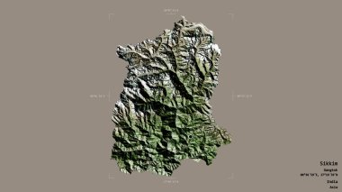 Sikkim bölgesi, Hindistan eyaleti, jeoreferatlı bir sınır kutusunda sağlam bir arka planda izole edilmiş. Etiketler. Uydu görüntüleri. 3B görüntüleme