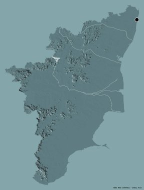 Hindistan 'ın Tamil Nadu eyaleti, başkenti katı renk arkaplanı ile izole edilmiştir. Renkli yükseklik haritası. 3B görüntüleme