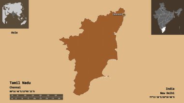 Tamil Nadu 'nun şekli, Hindistan eyaleti ve başkenti. Uzaklık ölçeği, ön gösterimler ve etiketler. Desenli dokuların bileşimi. 3B görüntüleme