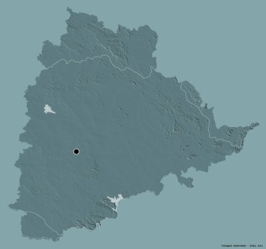 Hindistan 'ın Telangana eyaleti, başkenti katı renk arkaplanı ile izole edilmiştir. Renkli yükseklik haritası. 3B görüntüleme