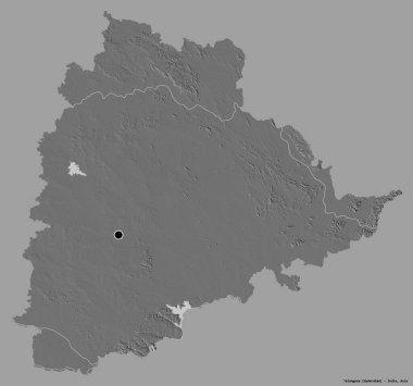 Hindistan 'ın Telangana eyaleti, başkenti katı renk arkaplanı ile izole edilmiştir. Çift seviyeli yükseklik haritası. 3B görüntüleme
