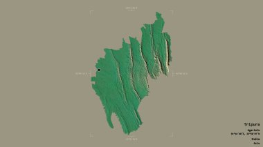 Tripura bölgesi, Hindistan eyaleti, katı bir arka planda izole edilmiş bir sınır kutusunda. Etiketler. Topografik yardım haritası. 3B görüntüleme