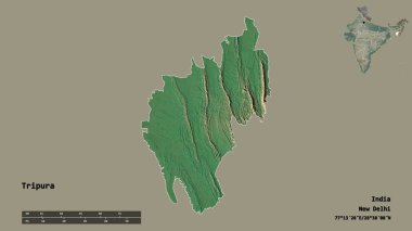 Tripura 'nın şekli, Hindistan eyaleti, sermayesi sağlam bir zemin üzerinde izole edilmiş. Uzaklık ölçeği, bölge önizlemesi ve etiketleri. Topografik yardım haritası. 3B görüntüleme